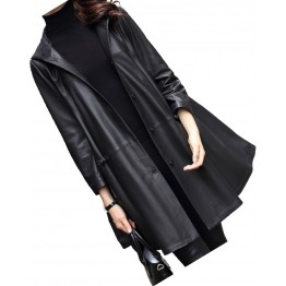 Womens Impressive Fashion Hooded Genuine Sheepskin Black Long Leather Trench Coat