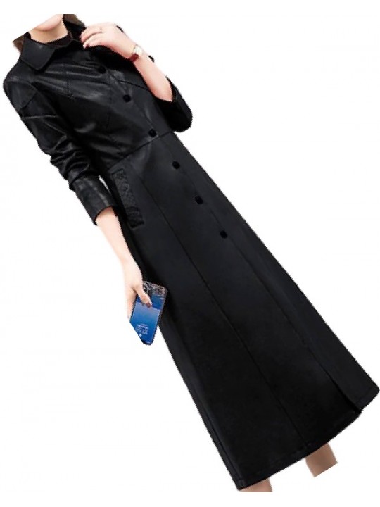 Womens Marvellous Design Genuine Sheepskin Black Long Leather Trench Coat