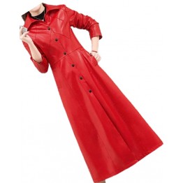 Womens Marvellous Design Genuine Sheepskin Red Long Leather Trench Coat
