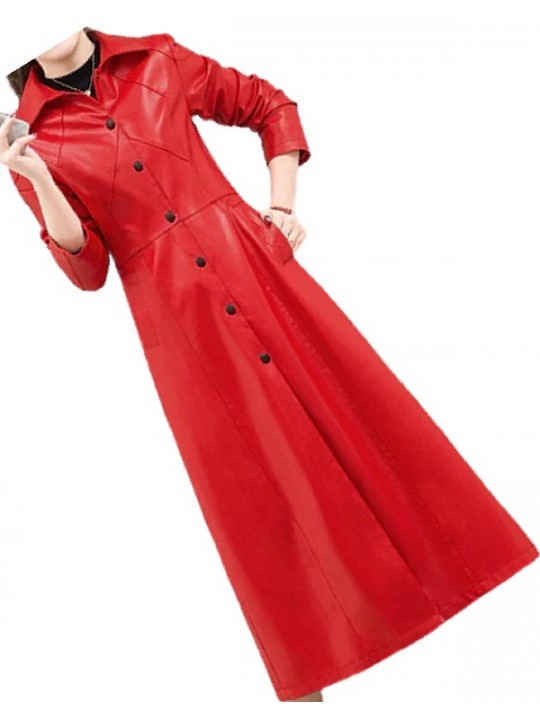 Womens Marvellous Design Genuine Sheepskin Red Long Leather Trench Coat