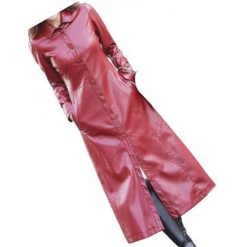Womens New Outwear Real Lambskin Red Long Leather Trench Coat