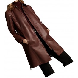 Womens Premium Real Lambskin Brown Leather Long Trench Coat