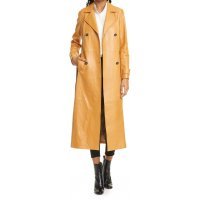 Womens  Real Lambskin Tan Long Leather Trench Coat