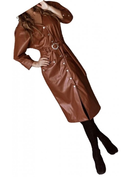 Womens Sensational Outfit Genuine Sheepskin Brown Long Leather Trench Coat