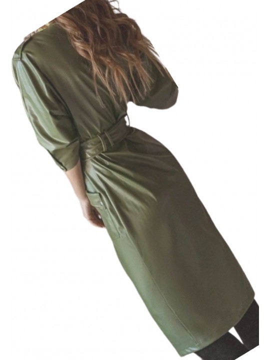 Womens Sensational Outfit Genuine Sheepskin Olive Green Long Leather Trench Coat