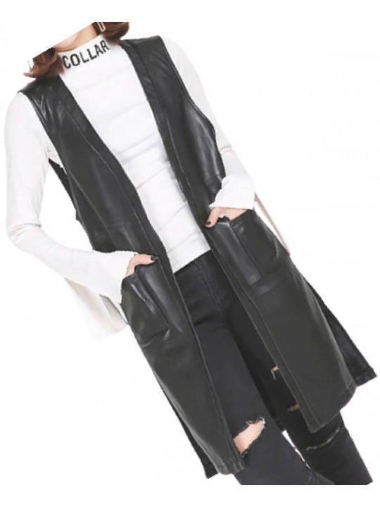 Womens Side Split Sleeveless Genuine Sheepskin Black Long Leather Trench Coat