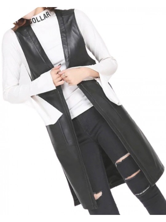 Womens Side Split Sleeveless Genuine Sheepskin Black Long Leather Trench Coat
