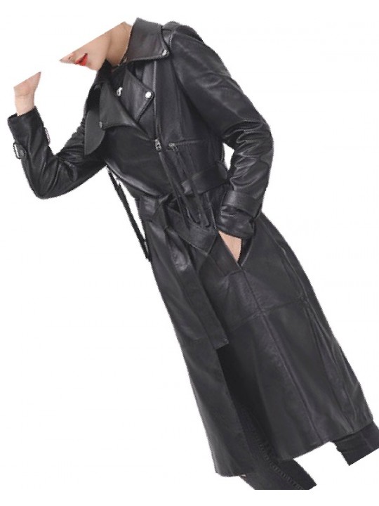 Womens Sophisticated Real Lambskin Black Long Leather Trench Coat