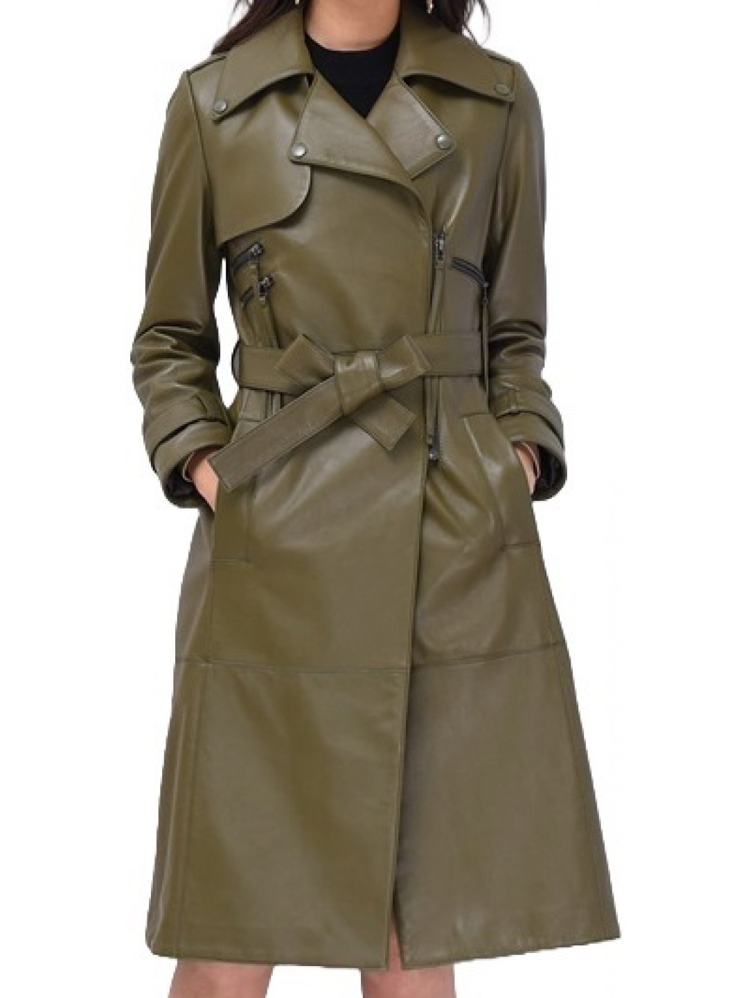 Womens Sophisticated Real Lambskin Olive Green Long Leather