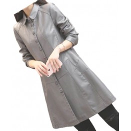 Womens Trendy Real Lambskin Gray Long Leather Trench Coat