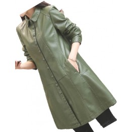 Womens Trendy Real Lambskin Olive Green Long Leather Trench Coat