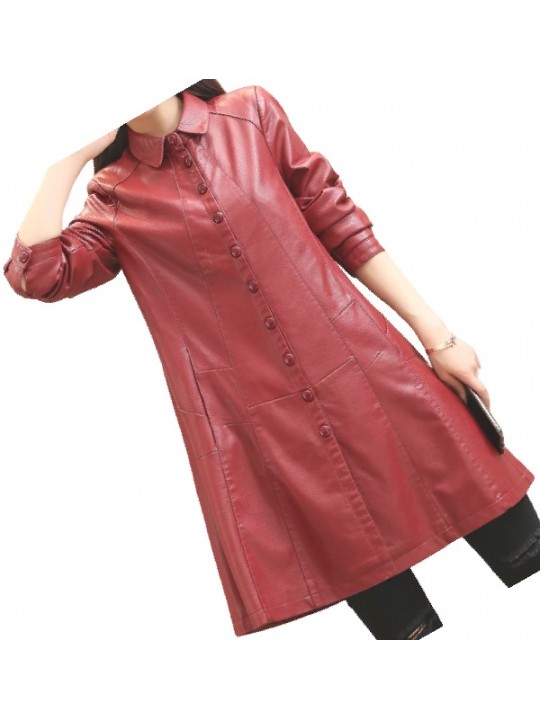 Womens Trendy Real Lambskin Red Long Leather Trench Coat