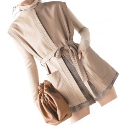 Womens Trendy Sleeveless Genuine Sheepskin Beige Long Leather Trench Coat