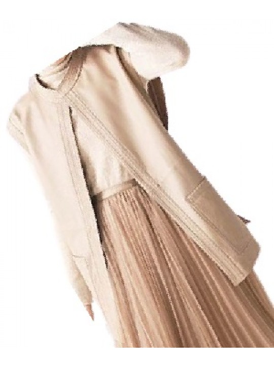 Womens Trendy Sleeveless Genuine Sheepskin Beige Long Leather Trench Coat
