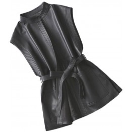 Womens Trendy Sleeveless Genuine Sheepskin Black Long Leather Trench Coat