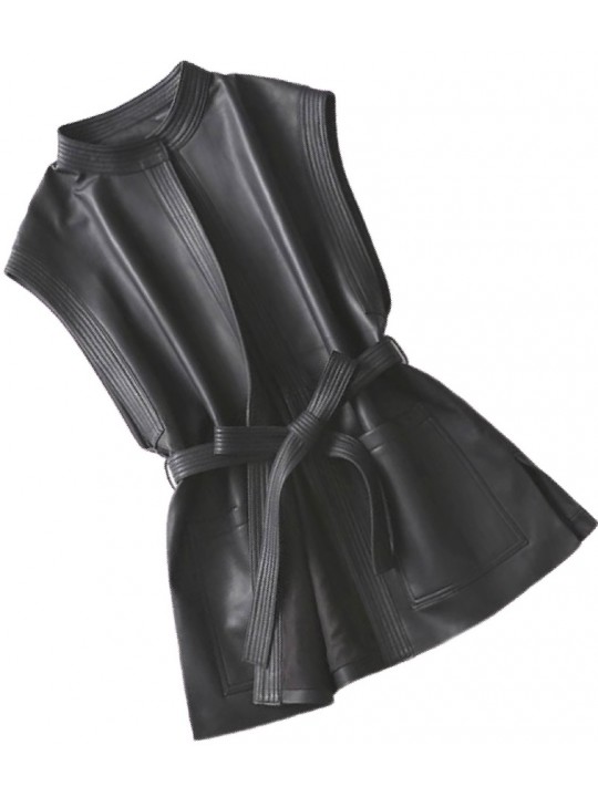 Womens Trendy Sleeveless Genuine Sheepskin Black Long Leather Trench Coat