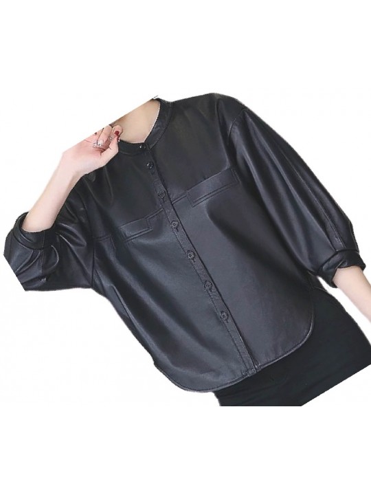 Womens Collarless Short Sleeve Outwear Real Lambskin Black Leather Top