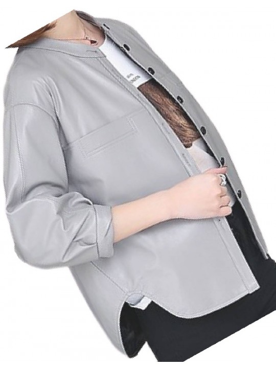 Womens Collarless Short Sleeve Outwear Real Lambskin Gray Leather Top