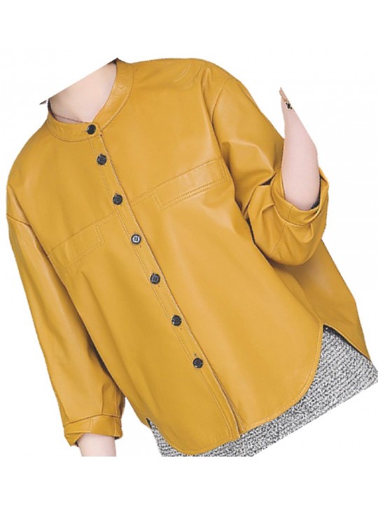 Womens Collarless Short Sleeve Outwear Real Lambskin Yellow Leather Top