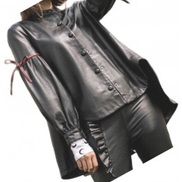 Womens Designer Outwear Real Lambskin Black Leather Top