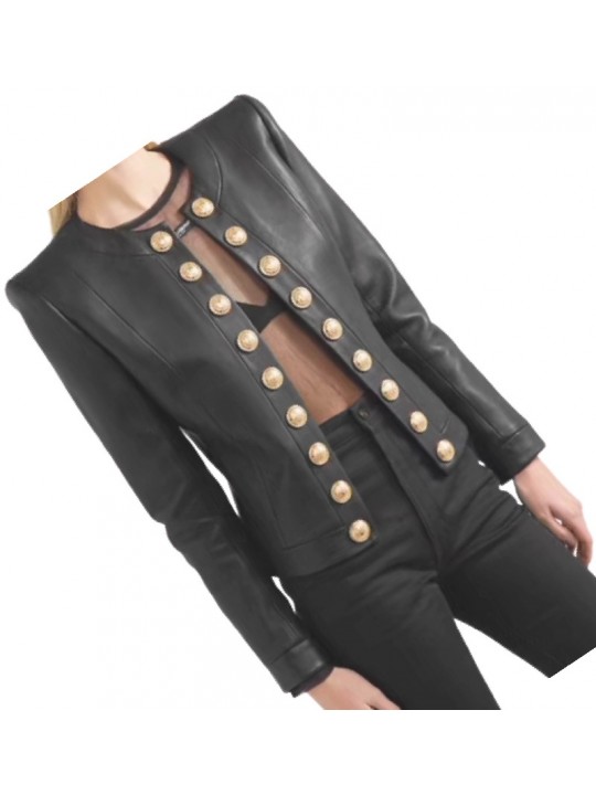 Womens Glamorous Design Outwear Real Lambskin Black Leather Top