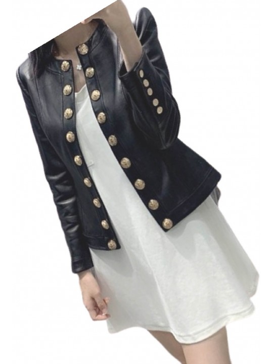 Womens Glamorous Design Outwear Real Lambskin Black Leather Top
