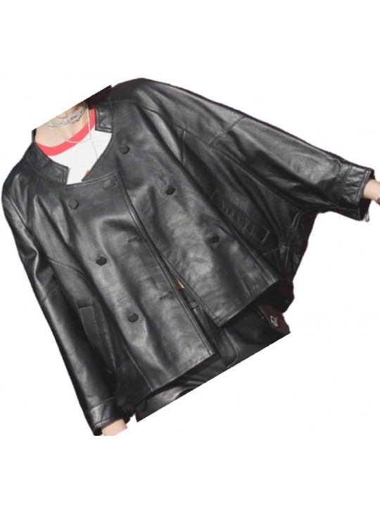 Womens Incredible Design Outwear Real Lambskin Black Leather Top