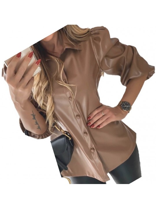 Womens Street Fashion Short Sleeve Outwear Real Lambskin Brown Leather Top