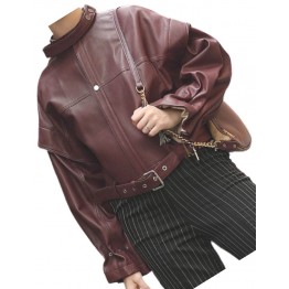 Womens Stunning Design Outwear Real Lambskin Burgundy Leather Top