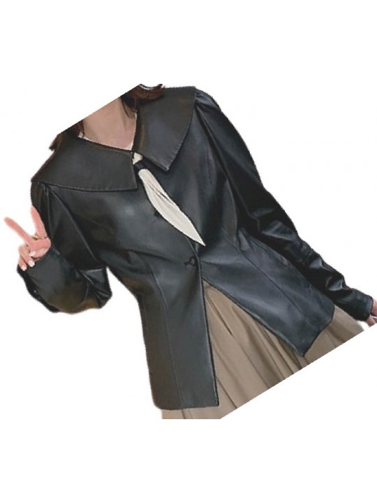 Womens Timeless Style Outwear Real Lambskin Black Leather Top