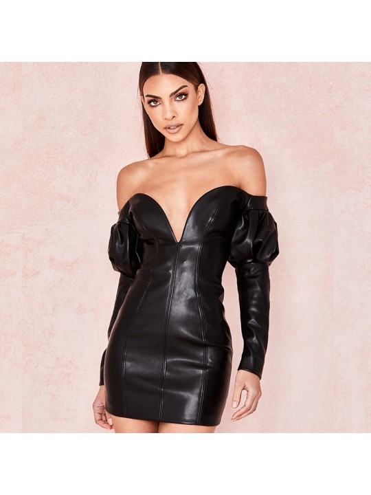 Black Sweetheart Leather Dress Women Club Dresses