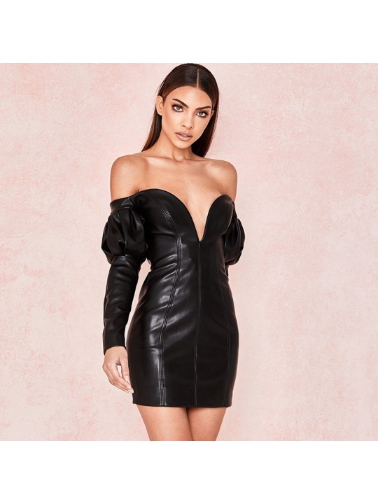 Black Sweetheart Leather Dress Women Club Dresses