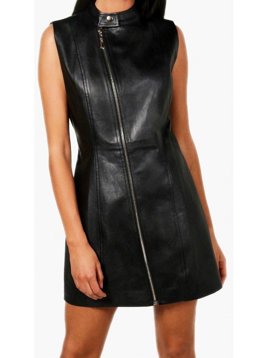 Womens Asymmetric Zipper Front Real Sheepskin Black Leather Dress