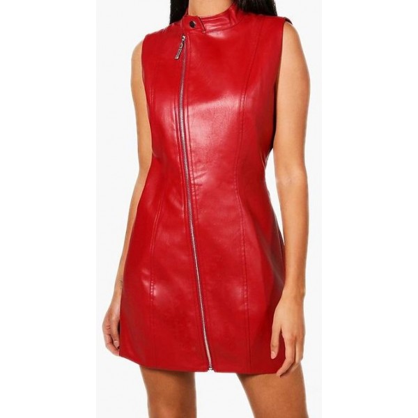 Womens Asymmetric Zipper Front Real Sheepskin Red Leather Dress