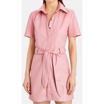 Womens Belted Shirt Style Real Sheepskin Pink Leather Dress