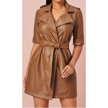 Womens Belt Wrap Style Real Sheepskin Brown Leather Dress