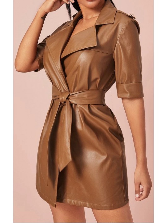 Womens Belt Wrap Style Real Sheepskin Brown Leather Dress