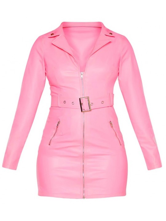 Womens Biker Style Full Sleeve Real Sheepskin Pink Leather Dress