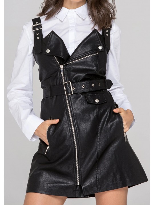 Womens Biker Style Real Sheepskin Black Leather Dress