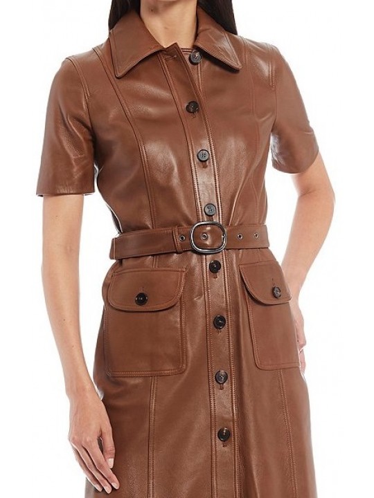 Womens Button Front Shirt Style Real Sheepskin Brown Leather Dress
