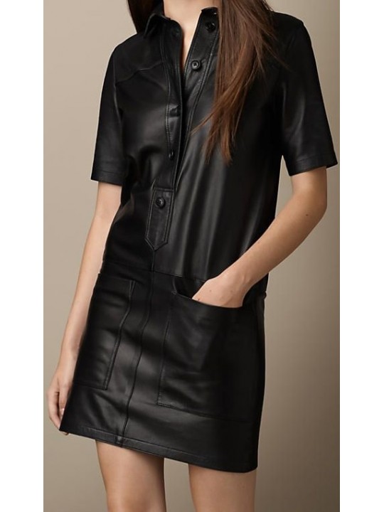 Womens Cute Fashion Real Sheepskin Black Leather Dress