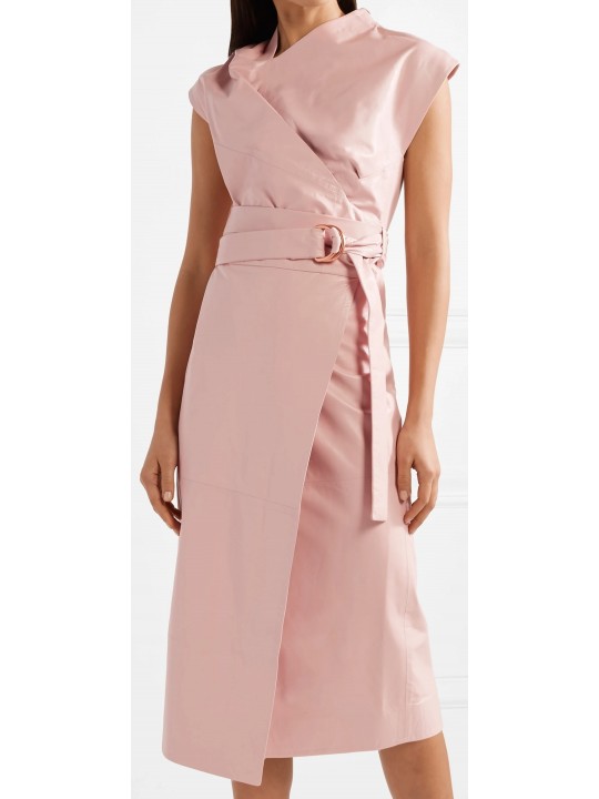 Womens Draped Style Real Sheepskin Pink Leather Dress
