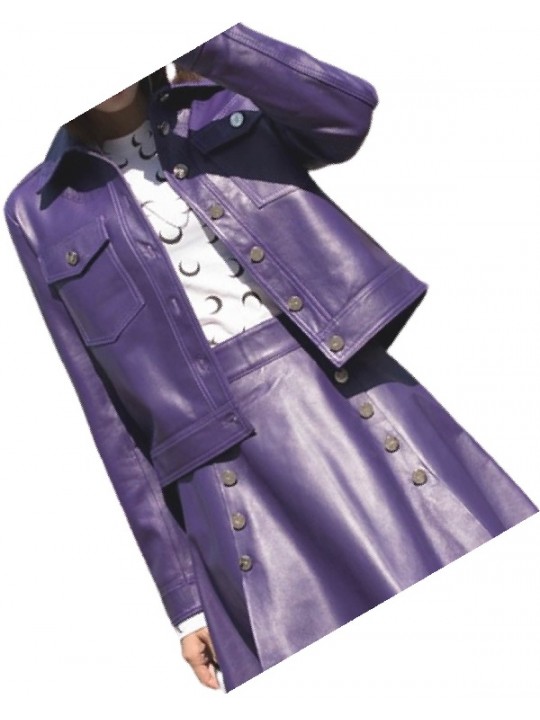 Womens Fabulous Outwear Dress Real Lambskin Purple Leather Top And Skirt