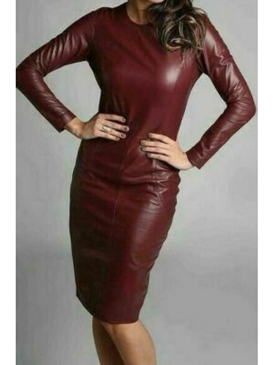 Womens Full Sleeve Real Sheepskin Burgundy Leather Dress