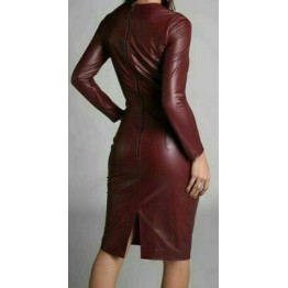 Womens Full Sleeve Real Sheepskin Burgundy Leather Dress