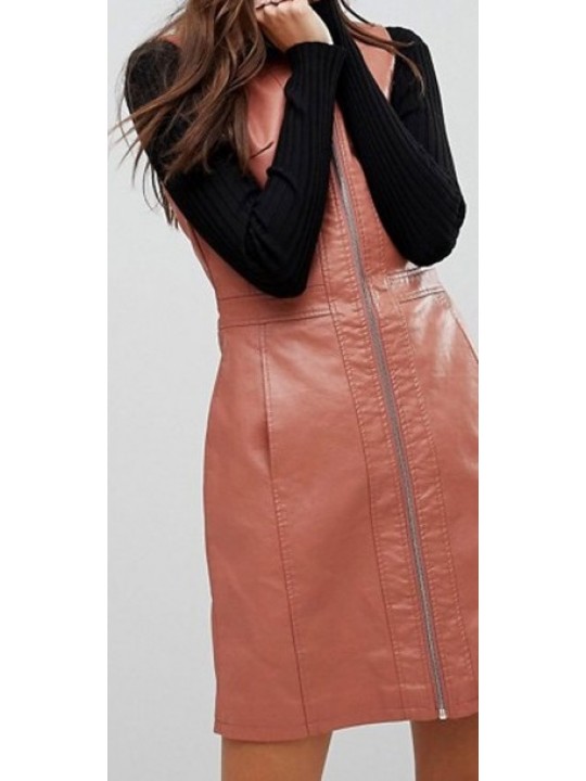 Womens Full Zipper Front Real Sheepskin Peach Leather Dress