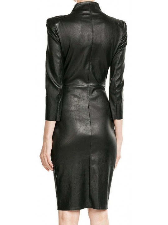 Womens High Neck Real Sheepskin Black Leather Dress