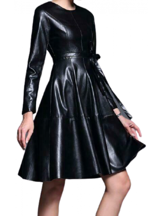 Womens Long Sleeve Genuine Sheepskin Black Leather Dress