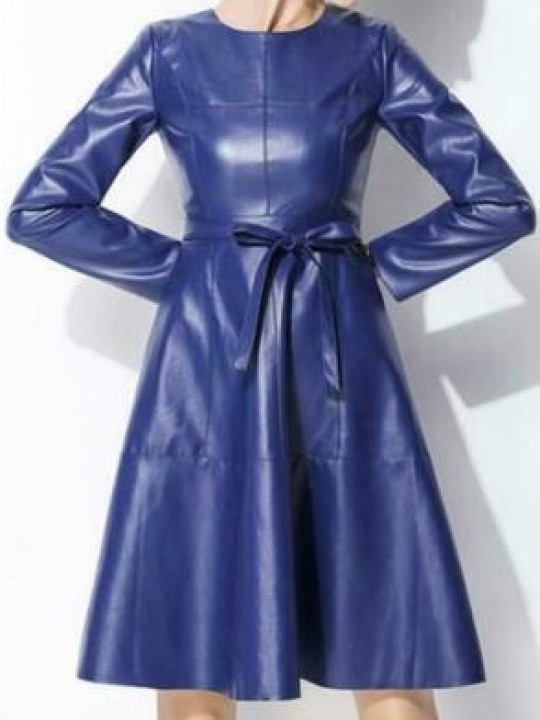 Womens Long Sleeve Genuine Sheepskin Blue Leather Dress