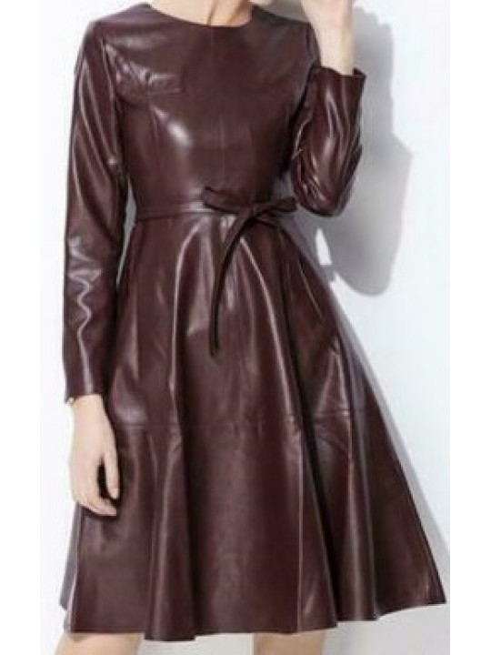 Womens Long Sleeve Genuine Sheepskin Brown Leather Dress